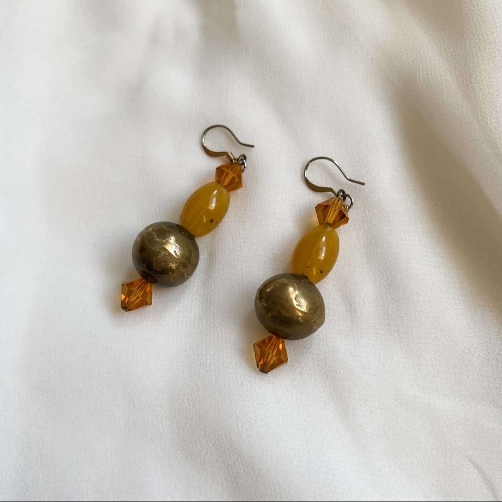 VTG Amber Tone Brass Layered Bead Dangle Earrings